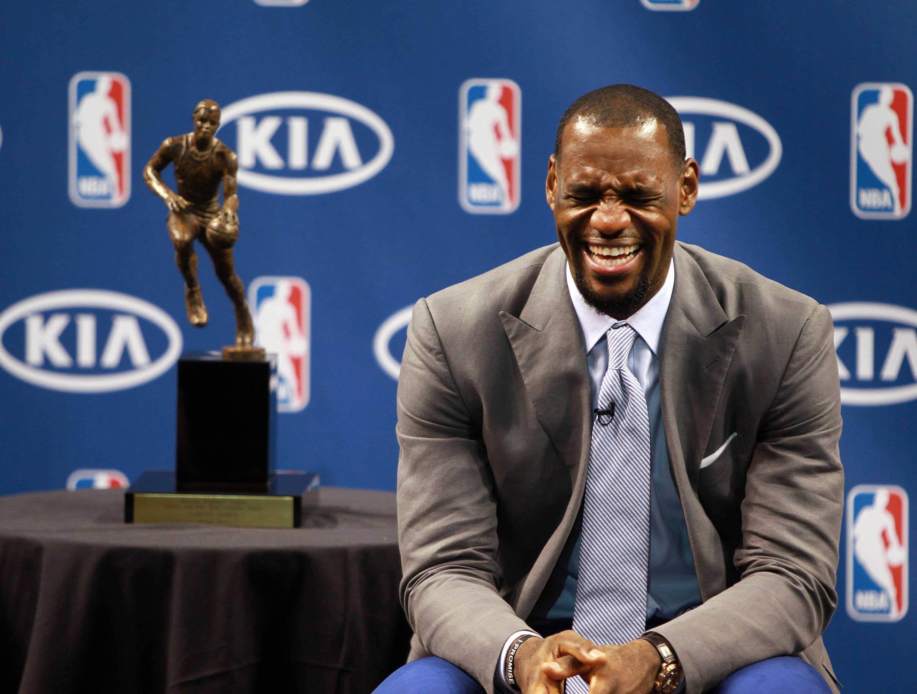 LeBron James laughs MVP trophy
