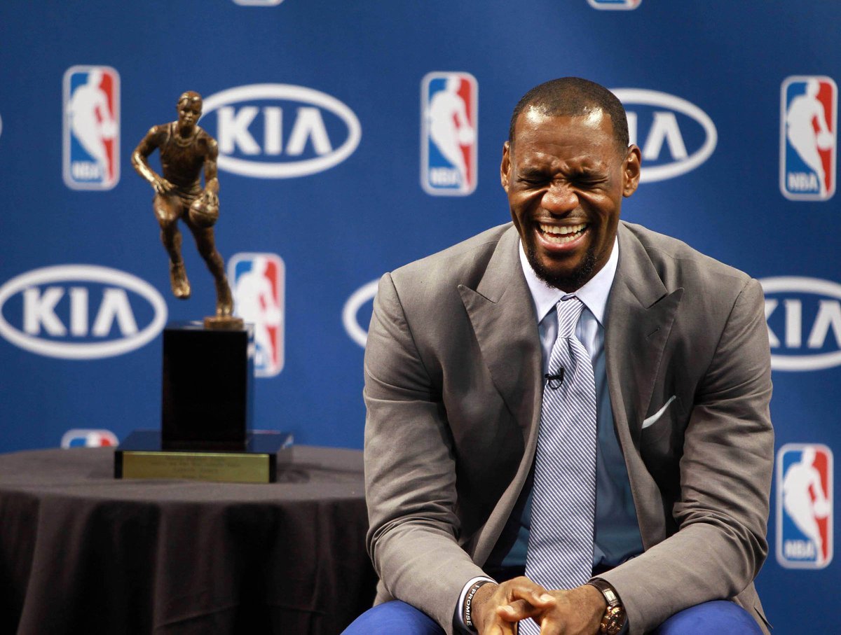 LeBron James laughs MVP trophy