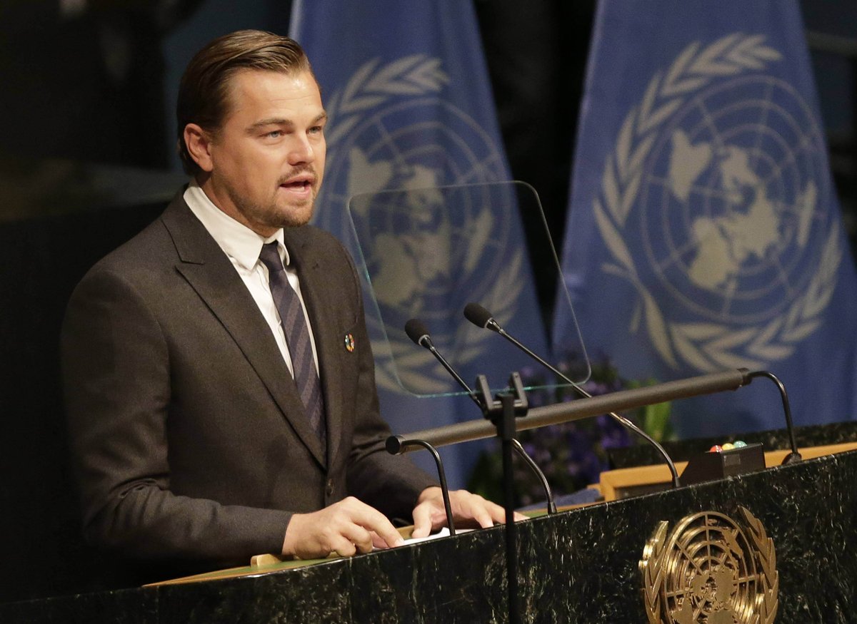 DiCaprio speaks at the Paris Agreement on Climate Change meeting at the headquarters of the United Nations in New York City.