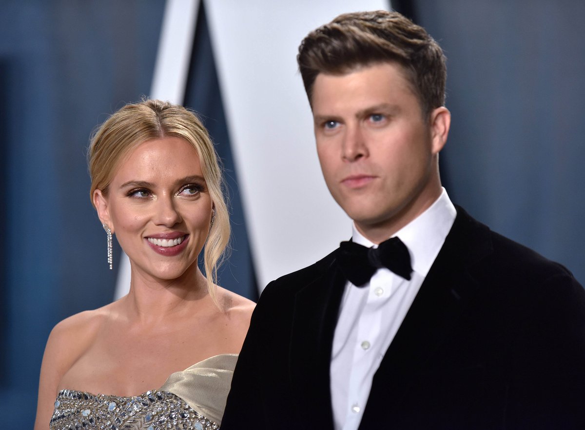 Scarlett Johansson (L) and Colin Jost arrive for the Vanity Fair Oscar party at the Wallis Annenberg Center for the Performing Arts in Beverly Hills.