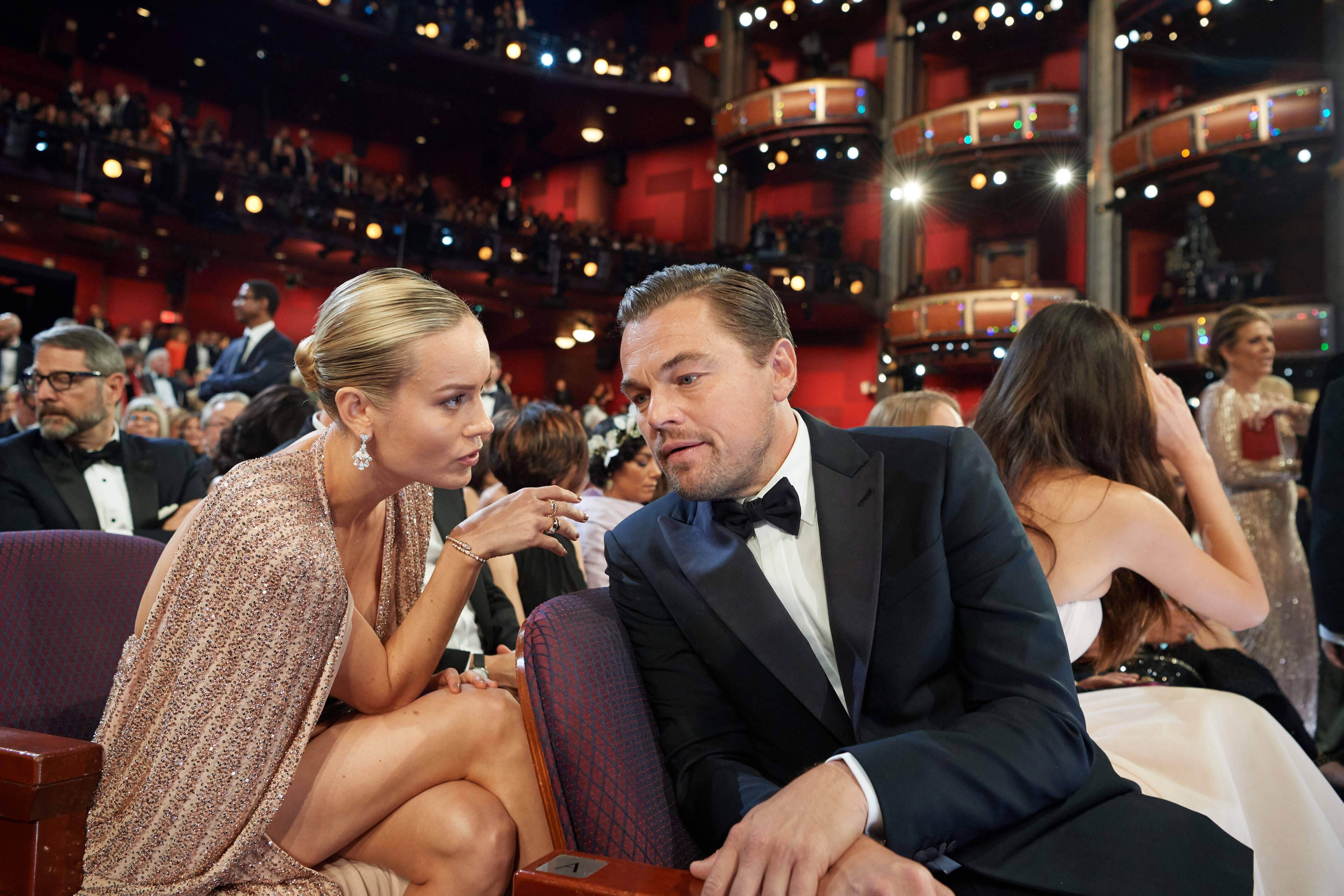 Brie Larson and Leonardo DiCaprio during the live ABC telecast of the 92nd Oscars.