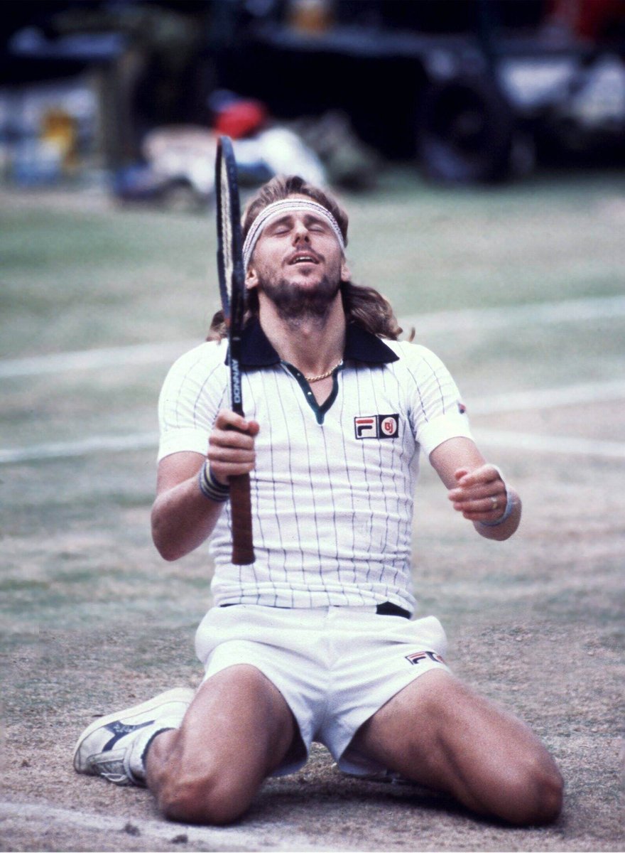 Björn Borg celebrates on his knees