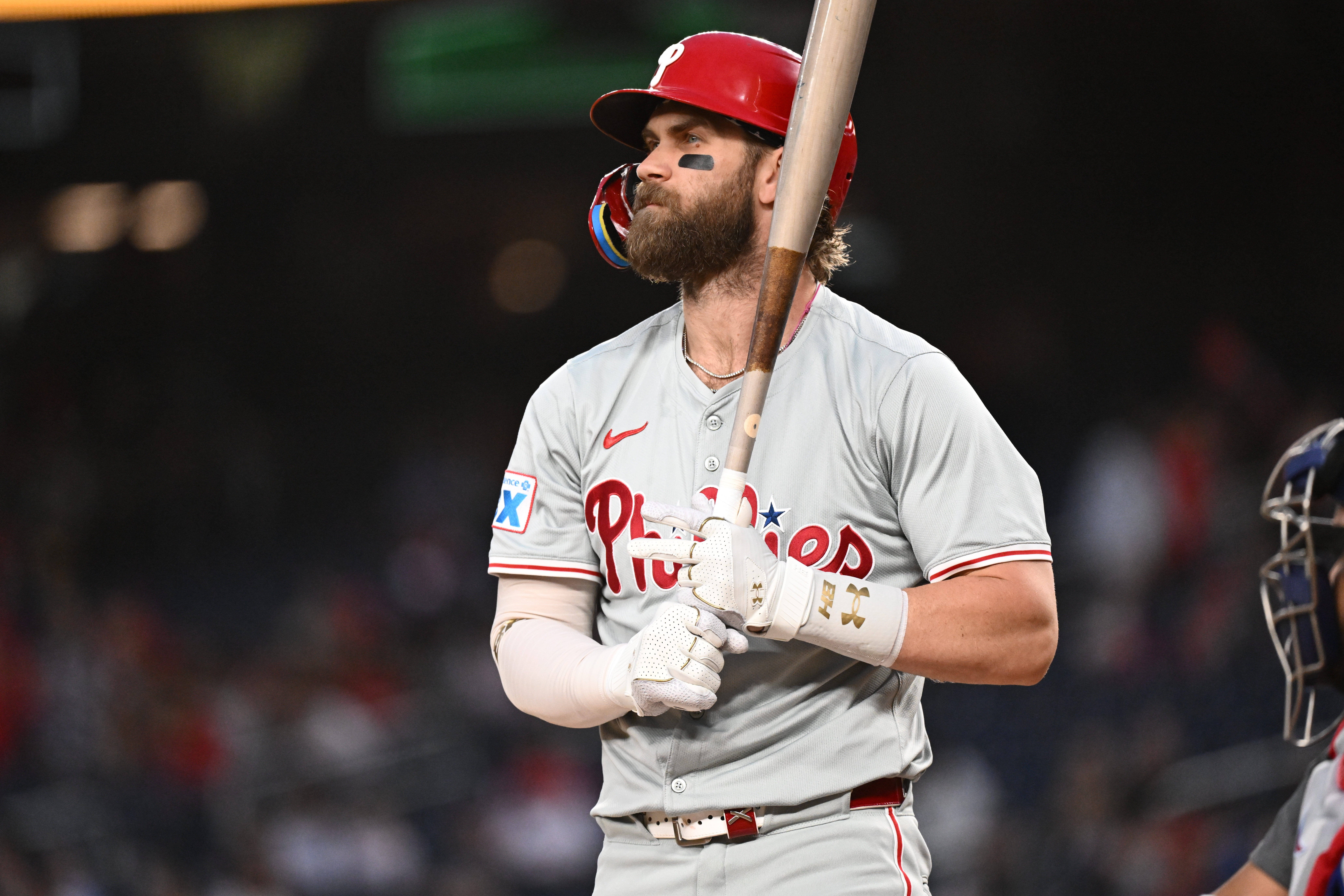 Philadelphia Phillies first baseman Bryce Harper (3) looks out to the crowd.