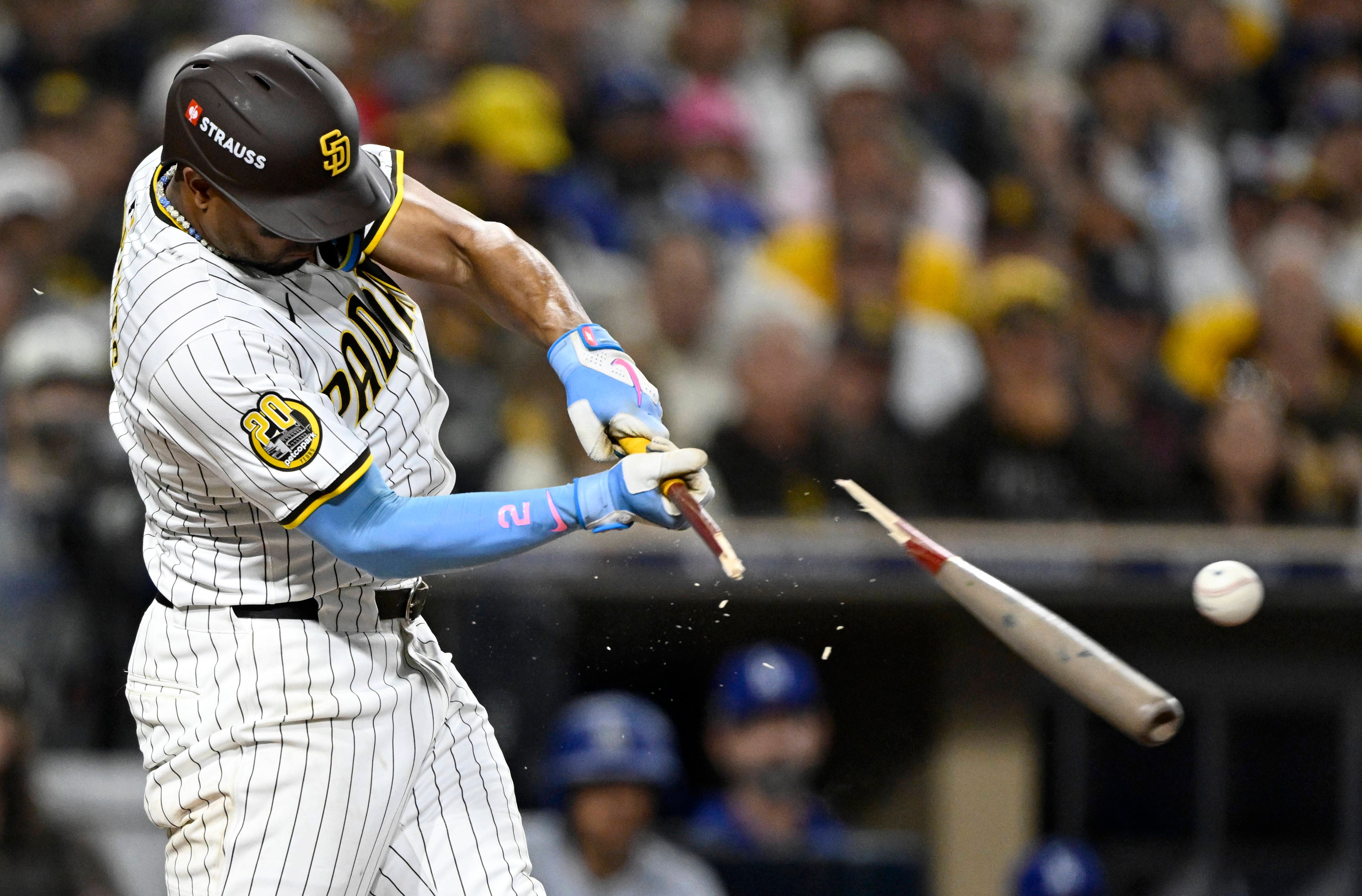  San Diego Padres second baseman Xander Bogaerts (2) breaks his bat.